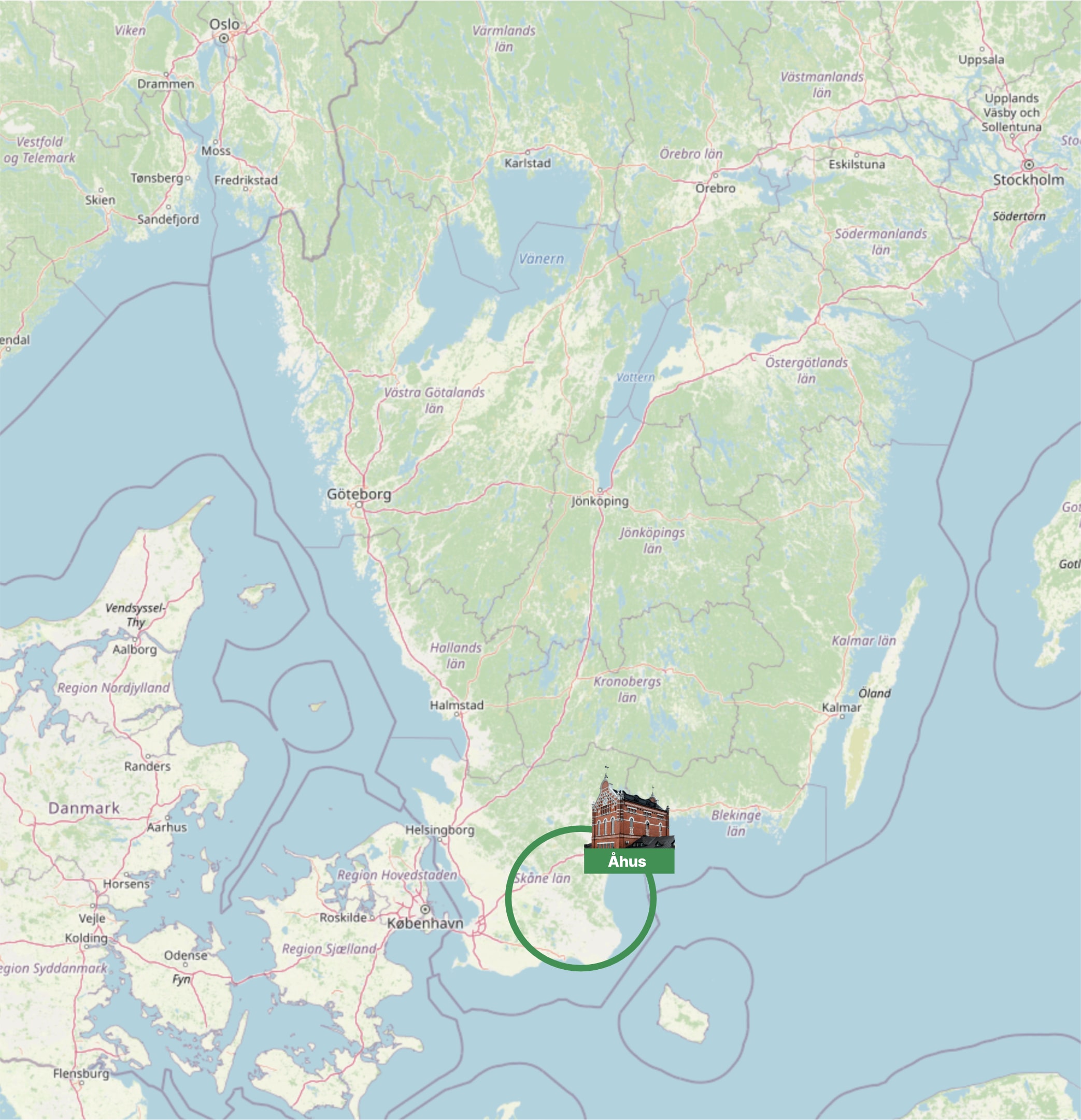 Map showing location of Åhus and sourcing area.