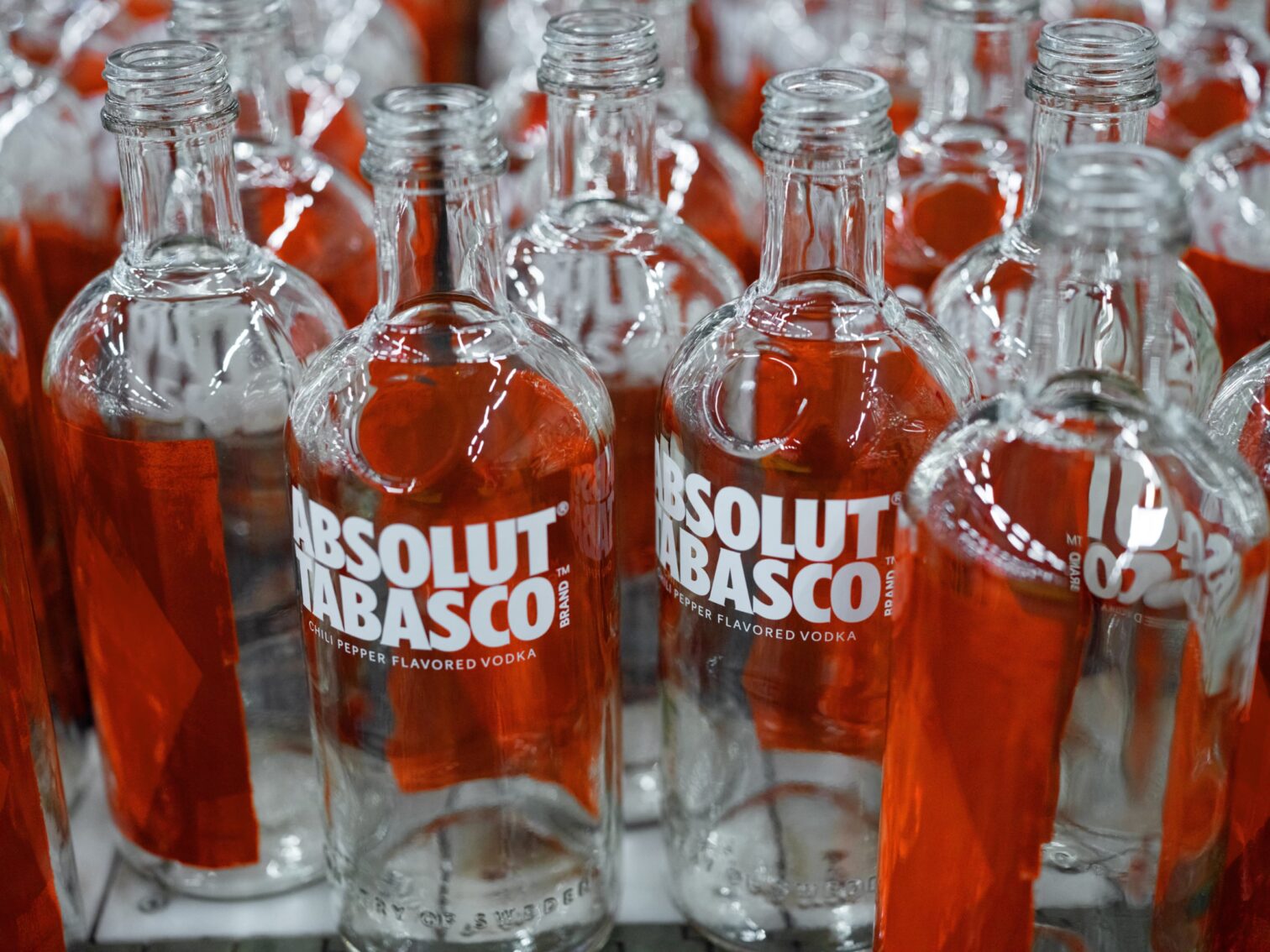 Absolut Tabasco bottles from the bottling line