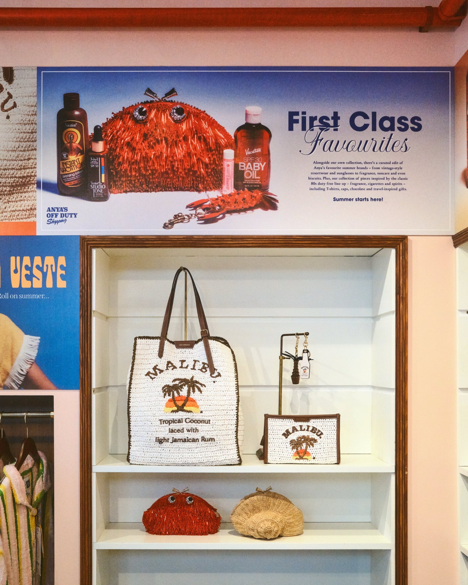 The limited edition collection features a hand-woven raffia tote, a zipped wallet and a Malibu bottle charm